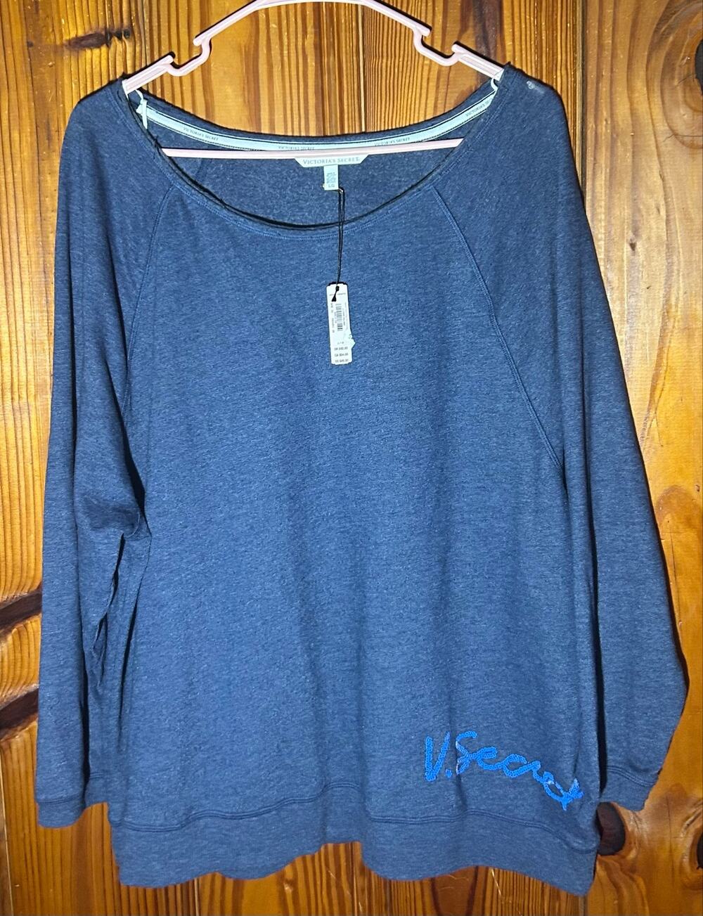 NWT Victoria Secret Sweatshirt Blue With Sequins Large Oversized Off Shoulder